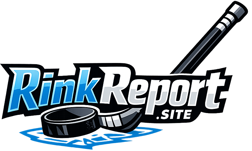 RinkReport.site logo featuring a hockey puck and stick in a modern blue and black design